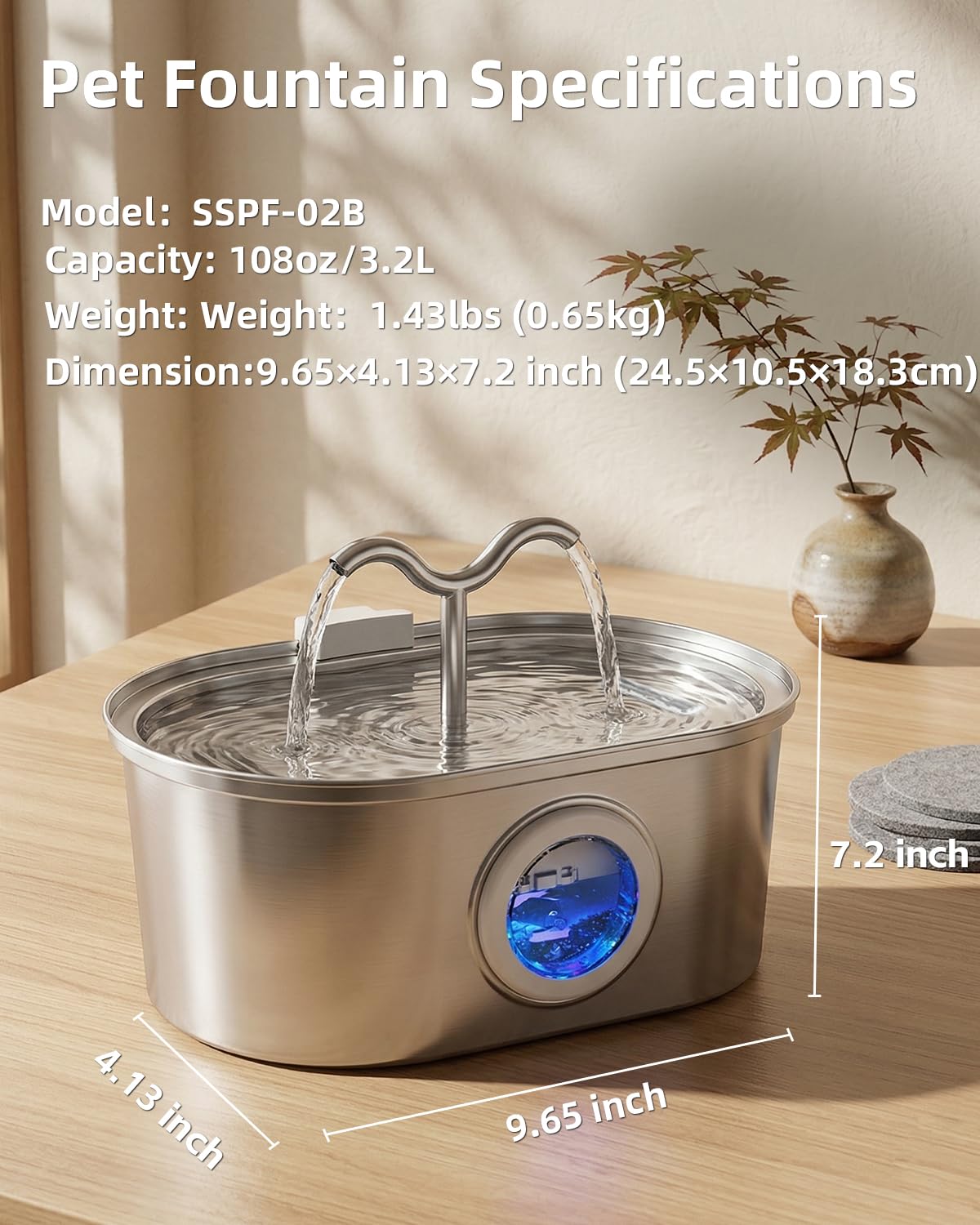 Stainless Steel Cat Water Fountain, 108oz-3.2L Pet Water Fountain For Cats Indoor, With Dual Spouts For Multiple Cats, Ultra-Quiet Automatic Dog Water Dispenser