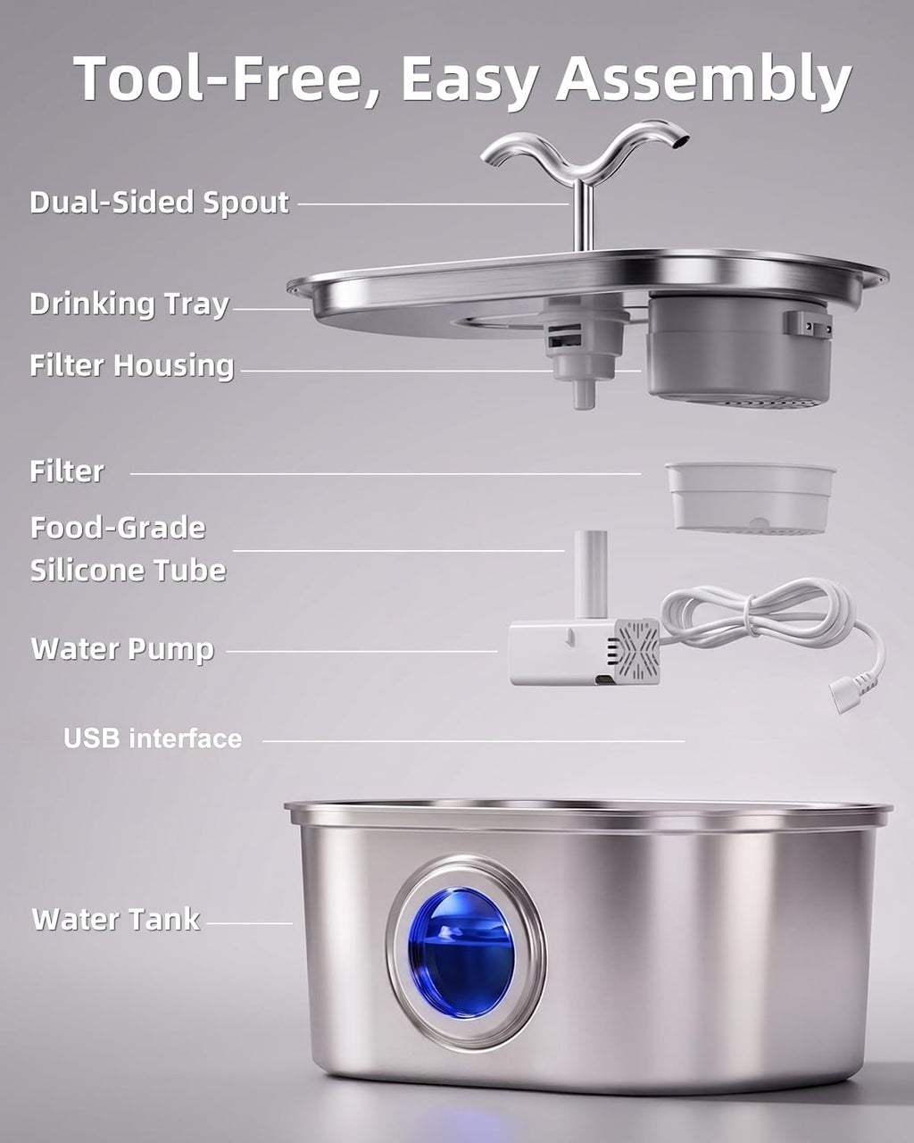 Stainless Steel Cat Water Fountain, 108oz-3.2L Pet Water Fountain For Cats Indoor, With Dual Spouts For Multiple Cats, Ultra-Quiet Automatic Dog Water Dispenser