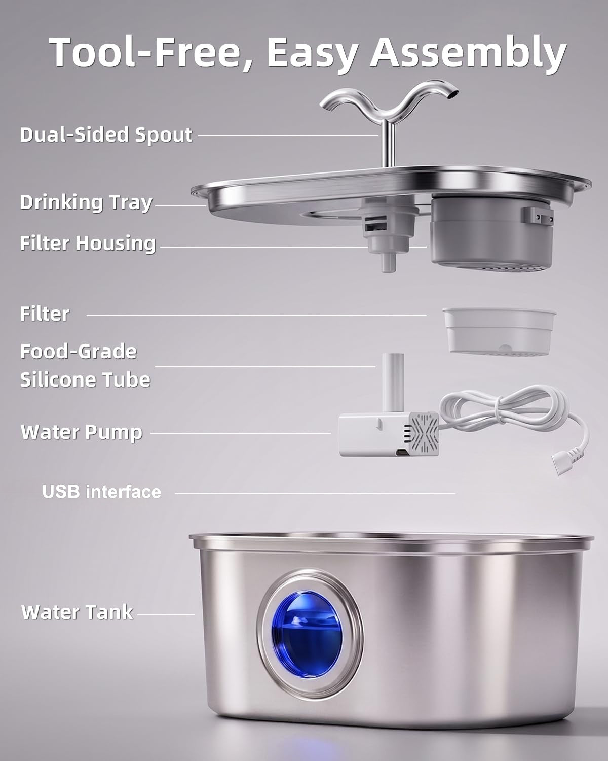 Stainless Steel Cat Water Fountain, 108oz-3.2L Pet Water Fountain For Cats Indoor, With Dual Spouts For Multiple Cats, Ultra-Quiet Automatic Dog Water Dispenser