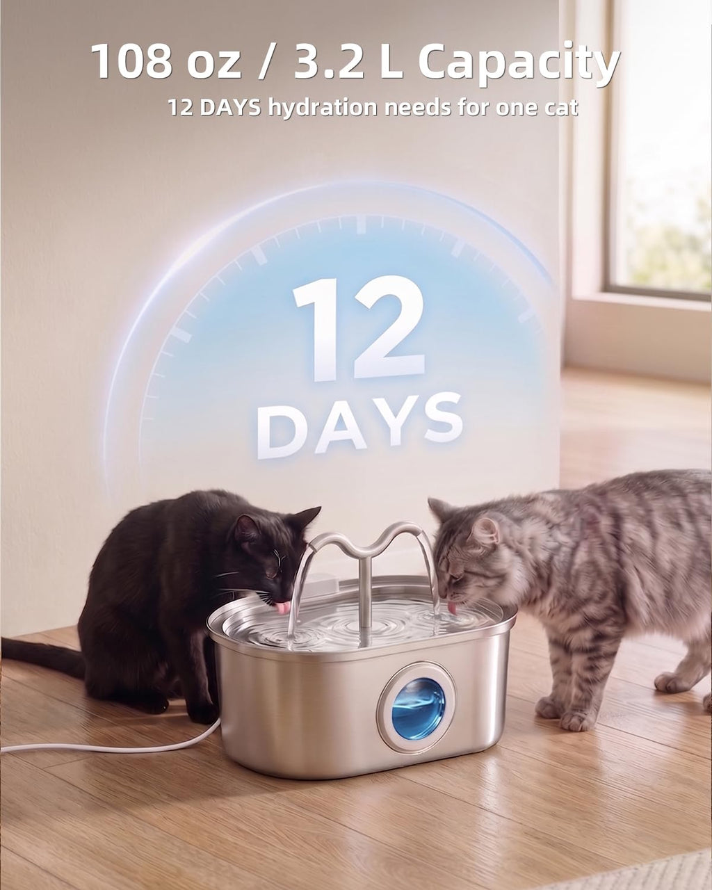 Stainless Steel Cat Water Fountain, 108oz-3.2L Pet Water Fountain For Cats Indoor, With Dual Spouts For Multiple Cats, Ultra-Quiet Automatic Dog Water Dispenser
