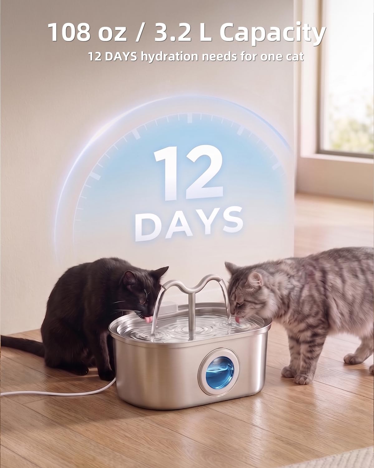 Stainless Steel Cat Water Fountain, 108oz-3.2L Pet Water Fountain For Cats Indoor, With Dual Spouts For Multiple Cats, Ultra-Quiet Automatic Dog Water Dispenser