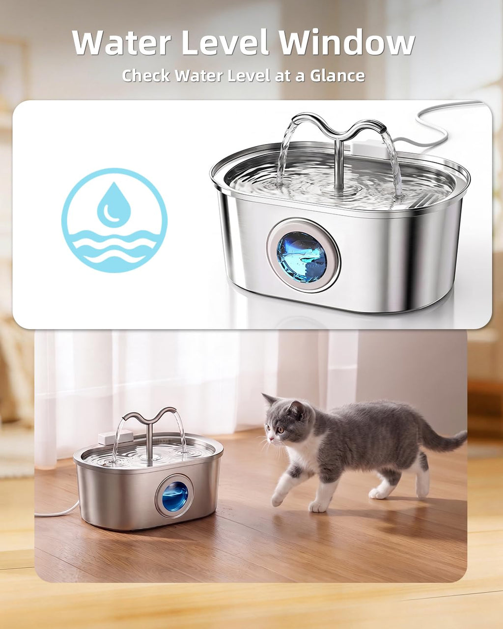 Stainless Steel Cat Water Fountain, 108oz-3.2L Pet Water Fountain For Cats Indoor, With Dual Spouts For Multiple Cats, Ultra-Quiet Automatic Dog Water Dispenser